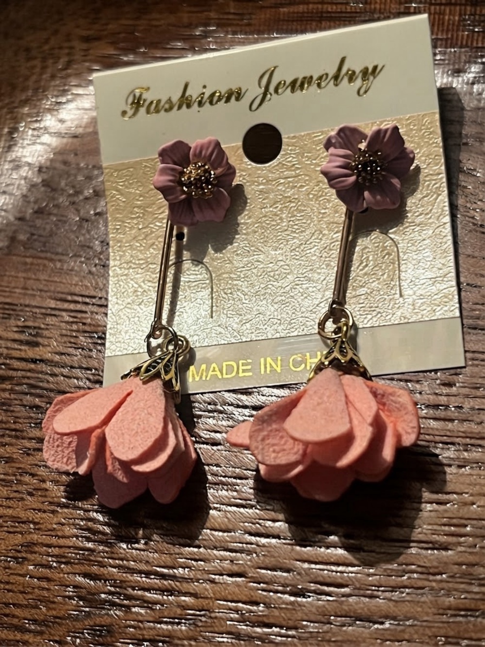 Fashion Jewelry Peach and Mauve Floral Drop Earrings with Gold Accents
